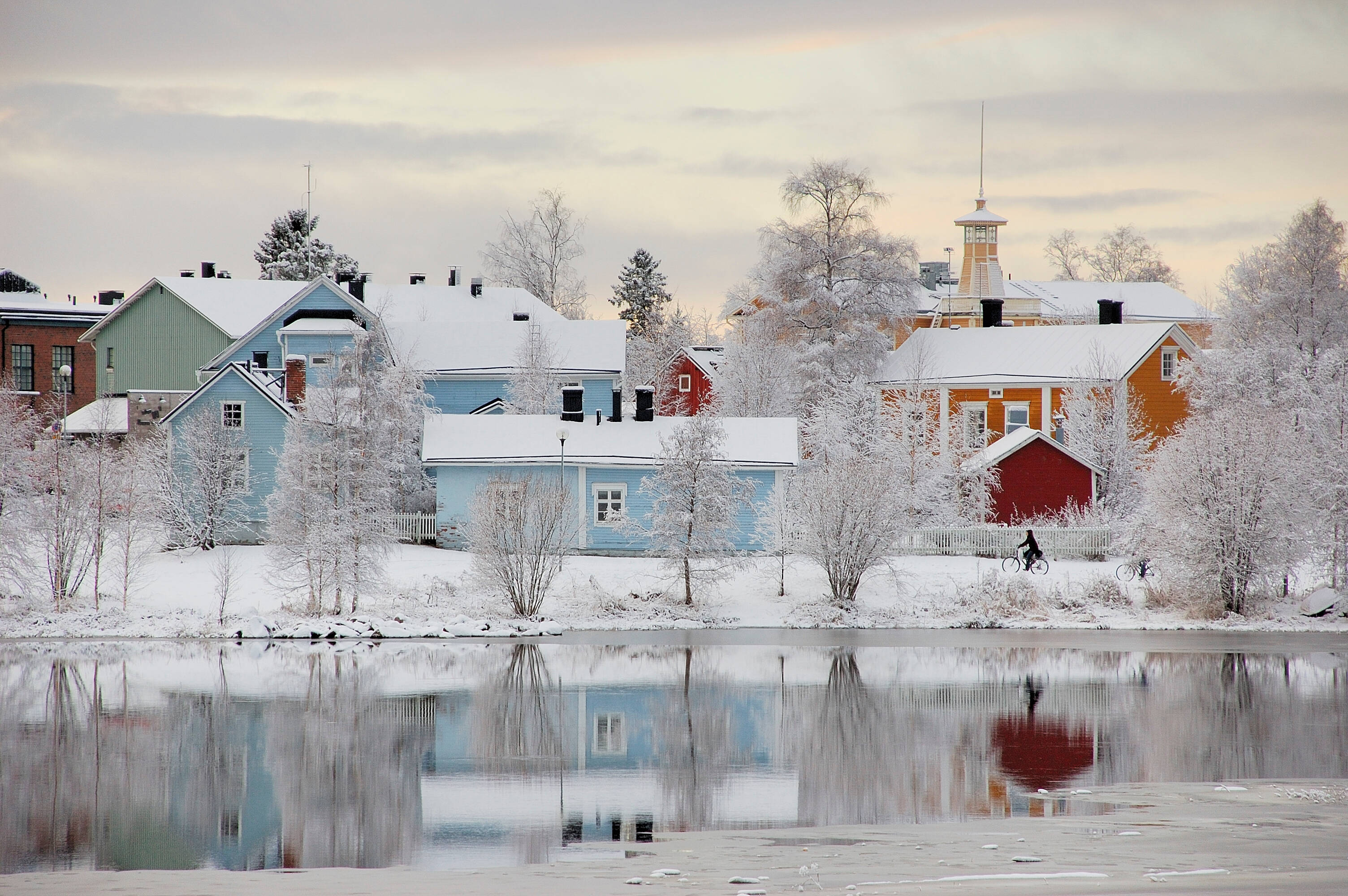 Colourful wooden houses by the Baltic sea in Oulu.