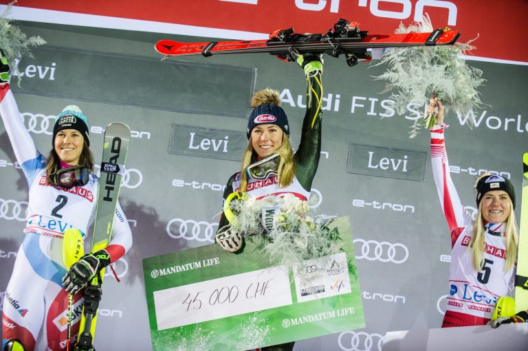 Alpine skiers on the podium at the Levi World Cup
