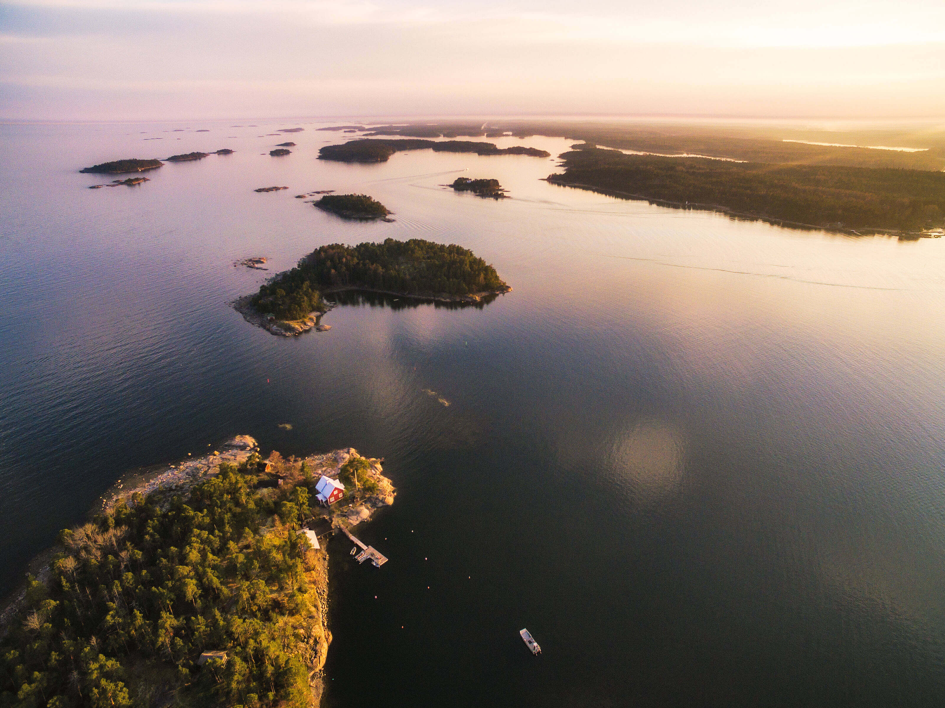 An aerial view over archipelago near Espoo, Finland.
