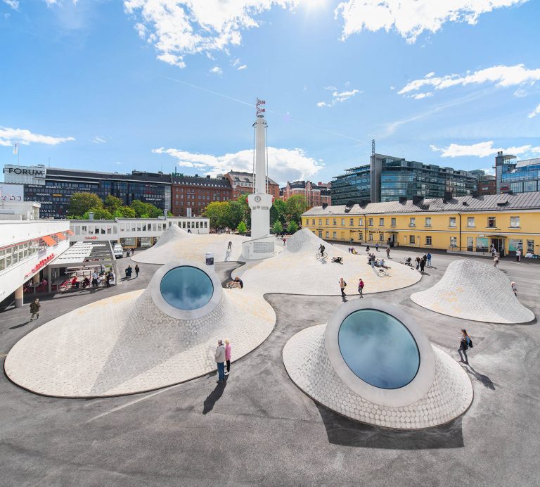 An aerial image over the Amos rex museum in the centre of the city of Helsinki, Finland