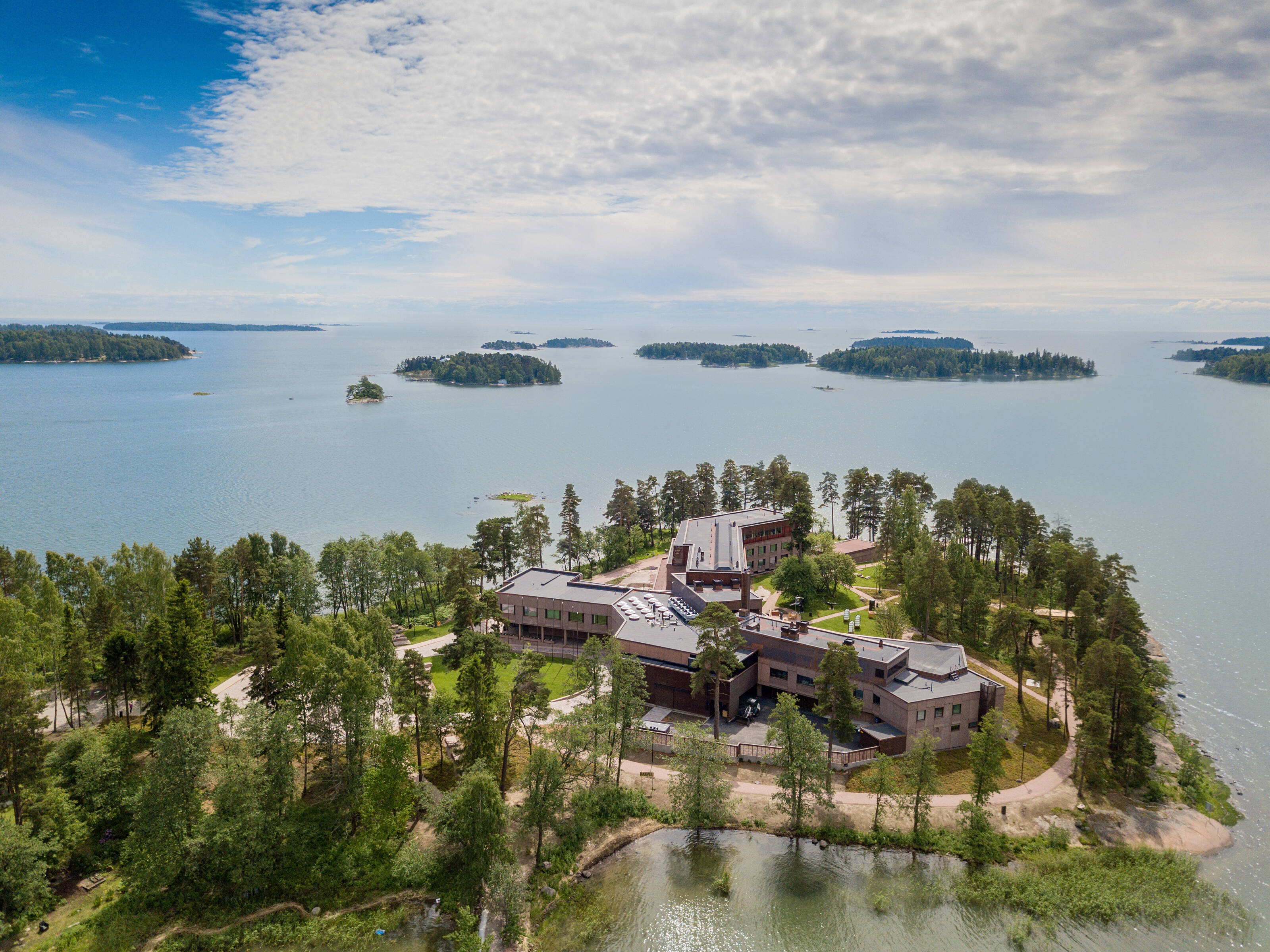 Aerial view of a business event venue on the coast of Finland