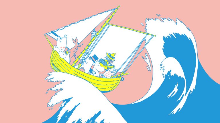 Tove Jansson’s Moomin illustration of  a sailboat on top of a large wave