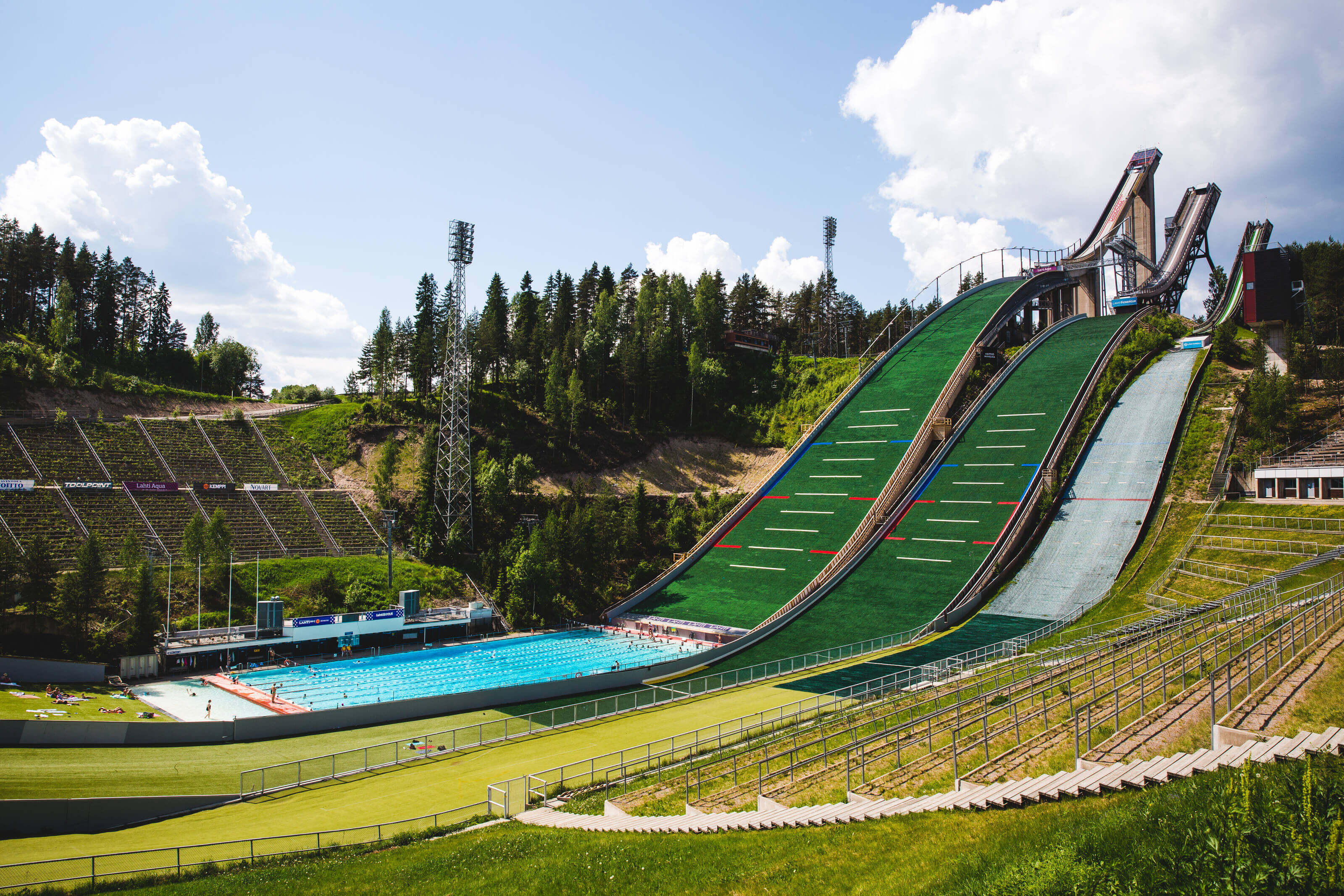 A ski jumping venue in Lahti transformed into an outdoor pool for summer.