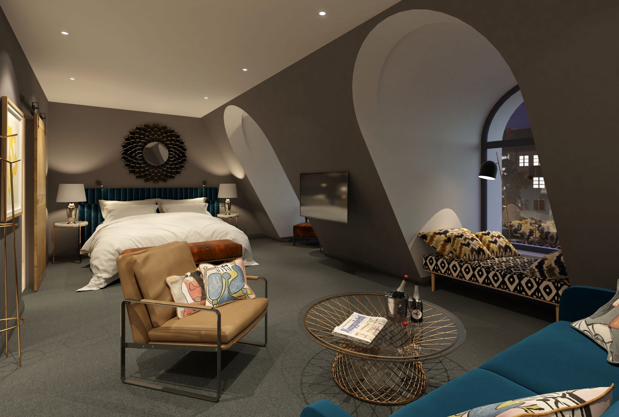 A fancy double-bed room with cozy furniture and two big arc shape windows.