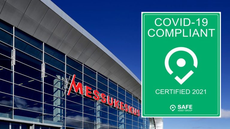 The Messukeskus sign on the front of the venue with its COVID-19 Compliant certification.